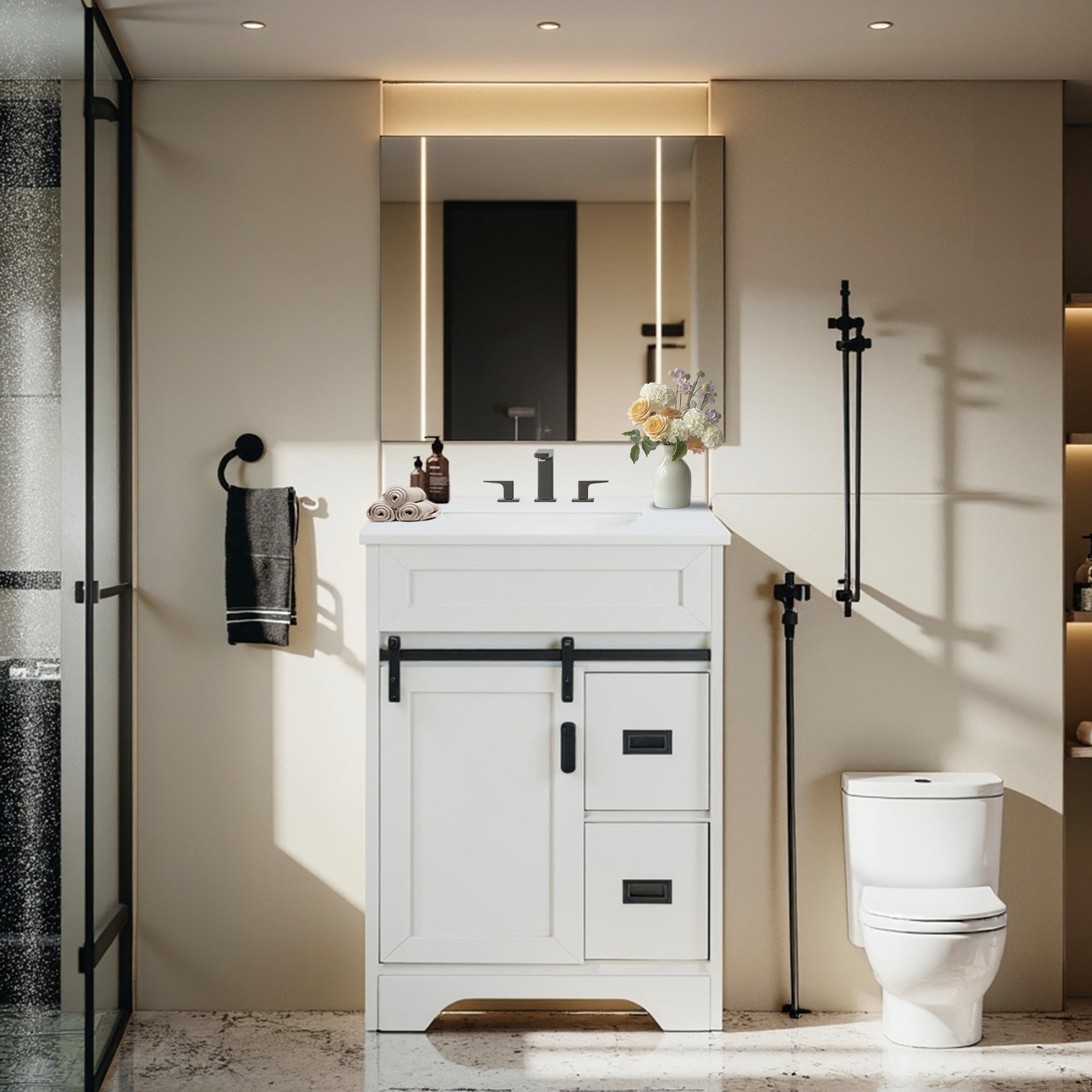 [VIDEO Provided]24" Bathroom Vanity With Single Sink Combo, Farmhouse Undermount Bathroom Sink Cabinet With Sliding Barn Doors And 2 Drawers, Freestanding Bathroom Vanities,White_maomaolike.com